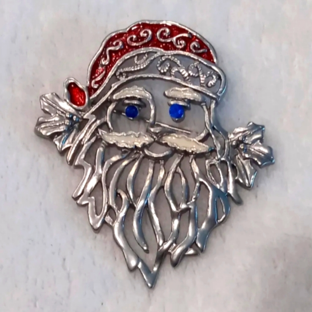 Vtg Silver Tone Santa Claus Face Christmas Holiday Brooch Blue Rhinestone Eyes